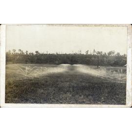 Irrigation spray on the River Farm - three men watching [Hawkesbury Agricultural College (HAC)]