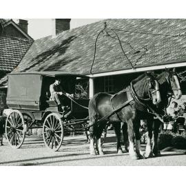 Student in a drag, harnessed to two horses, outside the Main Building - another student sitting on the verandah [Hawkesbury Agricultural College (HAC)]