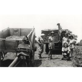 Women's Land Army: Farming activities (print 02 of 12) - Six women in front of a loaded cart, an empty cart to the left [Hawkesbury Agricultural College (HAC)]