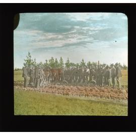 Demonstration of plough pulled by four horses, men gathered around watching [Hawkesbury Agricultural College (HAC)]