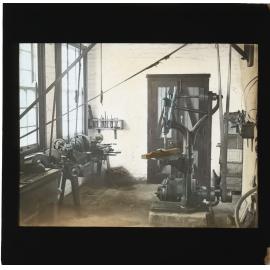 Engineering Workshop (interior) - a drill press on right [Hawkesbury Agricultural College (HAC)]