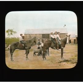 Four boys on two horses standing in front of a group of boys posing with a sheep [Hawkesbury Agricultural College (HAC)]