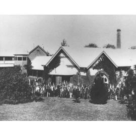 Students standing outside the Dining Hall waiting to enter for lunch [Hawkesbury Agricultural College (HAC)]