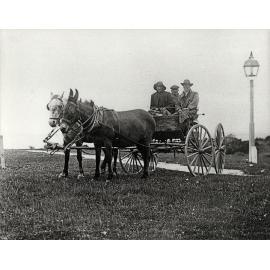 Wagonette drawn by a two-mule team - Three elderly men, rugged up in great coats and hats, sitting in the wagon [Hawkesbury Agricultural College (HAC)]