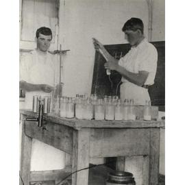Dairy Factory (interior) - Students carrying out Babcock tests for butterfat content in milk [Hawkesbury Agricultural College (HAC)]
