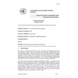 Subject Outline - 61621 - Power, Control & Decision Making - Autumn 1999