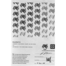 Certificate awarded to the Hawkesbury Agricultural College Old Boys Union (HACOBU) by the New South Wales Bicentennial Council for the restoration of two horse-drawn carriages [Hawkesbury Agricultural College (HAC)]