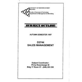 Subject Outline - D3744 Sales Management - AUTUMN 1997