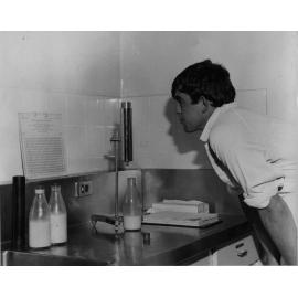 Interior scene in dairy factory showing student Quill (Dairy Technology I, 1968) checking a chart [Hawkesbury Agricultural College (HAC)]