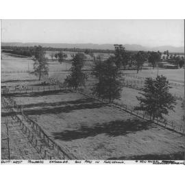 View from the top of the Harvestore at the Dairy looking South-West towards Katoomba - bull paddocks in foreground and new animal husbandry building in the distance [Hawkesbury Agricultural College (HAC)]