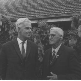 Two men (L to R): Mr Bernard ("Dick") Doman (Principal 1962-71) and Mr E A Southee (Principal 1921-54) (2 of 7) [Hawkesbury Agricultural College (HAC)]