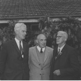 Three men (L to R): Mr Bernard ("Dick") Doman (Principal 1962-71); Mr Alex M Miller (student 1936-37); Mr E A Southee (Principal 1921-54) (4 of 7) [Hawkesbury Agricultural College (HAC)]