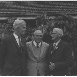 Three men (L to R): Mr Bernard ("Dick") Doman (Principal 1962-71); Mr Alex M Miller (student 1936-37); Mr E A Southee (Principal 1921-54) (6 of 7) [Hawkesbury Agricultural College (HAC)]