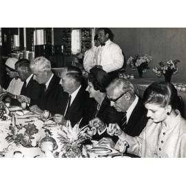 Diploma Day, 1968 - Dining Hall (print 2 of 5) - Visitors seated at the main dining table eating lunch [Hawkesbury Agricultural College (HAC)]