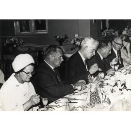 Diploma Day, 1968 - Dining Hall (print 3 of 5) - Visitors seated at the main dining table eating lunch [Hawkesbury Agricultural College (HAC)]