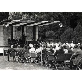 Diploma Day, 1968 - Dignitaries on stage and audience seated (Print 3 of 3) [Hawkesbury Agricultural College (HAC)]