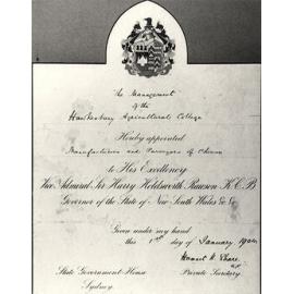 Certificate appointing the College as official purveyors of cheese to the Governor of NSW [Hawkesbury Agricultural College (HAC)]