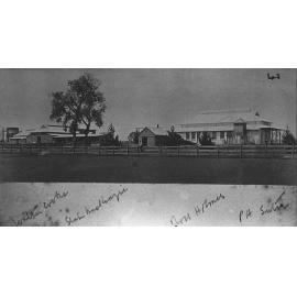 Dairy buildings from left (East) silos (under construction), cow bails and feeding stalls, calf pens, dairy factory [Hawkesbury Agricultural College (HAC)]