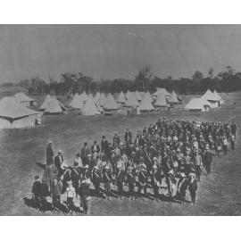 Youth Camp School - Young school students in rows in front of tents pitched at the College [Hawkesbury Agricultural College (HAC)]