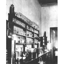 Chemical Laboratory - Bench with various apparatus set up [Hawkesbury Agricultural College (HAC)]