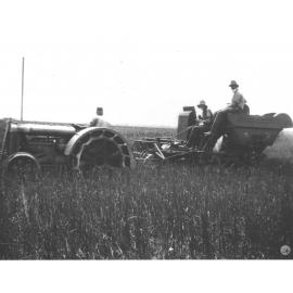 A student driving an early tractor pulling a grain harvester in a field (three students are sitting on the harvester) [Hawkesbury Agricultural College (HAC)]