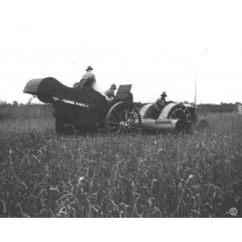 A student driving an early tractor pulling a grain harvester in a field (three students are sitting on the harvester) [Hawkesbury Agricultural College (HAC)]