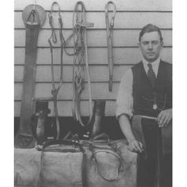 Winter School for Farmers, 1919 - Harness making, Mr Patrick (student) displays his work [Hawkesbury Agricultural College (HAC)]