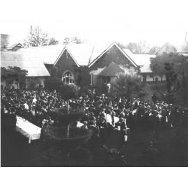 Quadrangle - Tables set outside the Dining Hall for lunch [Hawkesbury Agricultural College (HAC)]