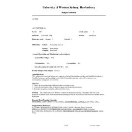 Subject Outline - AC101A - Accounting 1A - Autumn 1996