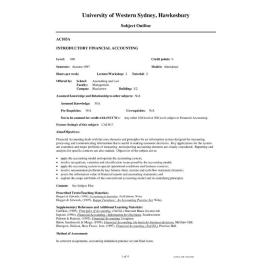 Subject Outline - AC103A - Introductory Financial Accounting - Autumn 1997