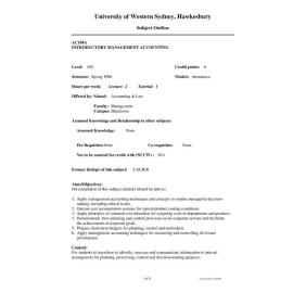 Subject Outline - AC104A - Introductory Management Accounting - Spring 1996