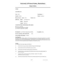 Subject Outline - AC302A - Taxation Law - Autumn pre 2000