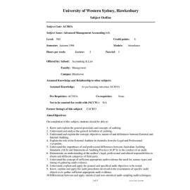 Subject Outline - AC303A - Advanced Management Accounting - Autumn 1996
