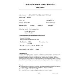 Subject Outline - AC304A - Advanced Financial Accounting - Spring 1996