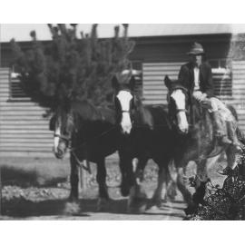 Student riding sideways on a working horse (in a team of three) - outside Stable Square [Hawkesbury Agricultural College (HAC)]