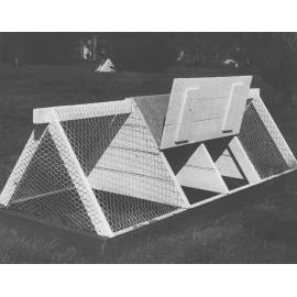 Cage for poultry, triangular in shape, using chicken wire [Hawkesbury Agricultural College (HAC)]