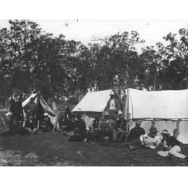 Land clearing - students & staff in front of tents [Hawkesbury Agricultural College (HAC)]