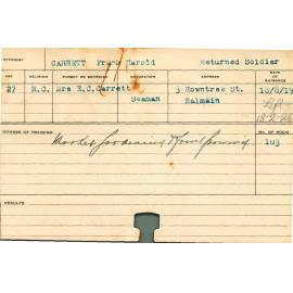 CARRETT, Frank Harold (Short Course - Market Gardening & Fruit Growing)