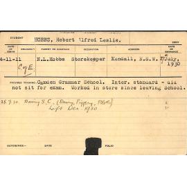 HOBBS, Robert Alfred (Special Course - Dairy, Piggery & Experimental plots)