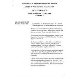 Graduation Ceremony - University of Western Sydney Macarthur (UWSM) - Programme & Recipients -Faculty of Health - 13 April 1999