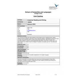 Learning Guide & Unit Outline - Analytical Reading and Writing (100846) - Autumn 2010