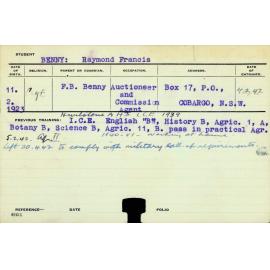 BENNY, Raymond Francis (Hawkesbury Diploma of Agriculture (HDA) (Withdrawn for military service))