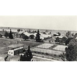 Sports pavilion (grandstand) and tennis courts with Stable Square in background - Print 1 of 2 (uncropped) [Hawkesbury Agricultural College (HAC)]