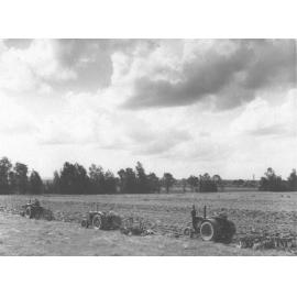 Three tractors in a line working in a field - ploughing(?) [Hawkesbury Agricultural College (HAC)]
