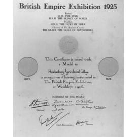 British Empire Exhibition, Wembley 1925 - Certificate of participation [Hawkesbury Agricultural College (HAC)]