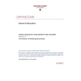 Learning Guide - Adolescent Development & Teaching (102081) - 1H 2017