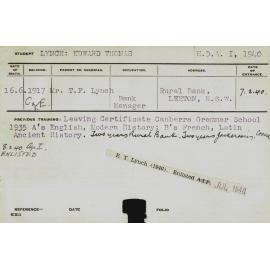 LYNCH, Edward Thomas (Hawkesbury Diploma of Agriculture (HDA) - First Year Certificate only)
