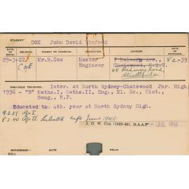 COX, John David Winfred (Hawkesbury Diploma of Agriculture (HDA))