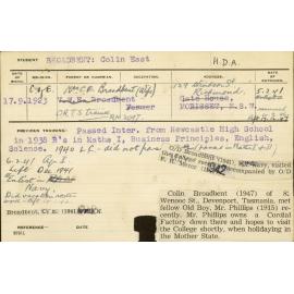 BROADBENT, Colin East (Hawkesbury Diploma of Agriculture (HDA) (Honours Class 2))