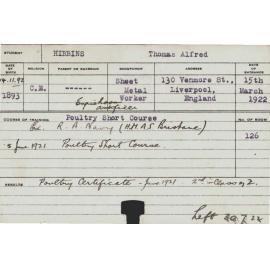 HIBBINS, Thomas Alfred (Short Course - Poultry)